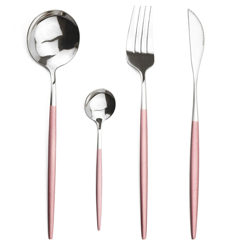 JANKNG 24-Piece Flatware Set, 18/0 Stainless Steel Knife Fork Spoon Teaspoon Silverware Set, Service for 6, Pink Handle Silver - Image 3